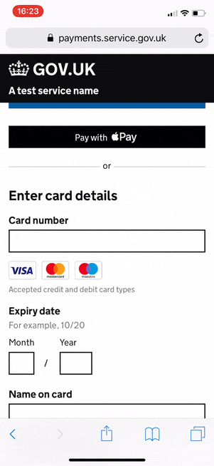 Example of a transaction using Apple Pay on GOV.UK Pay